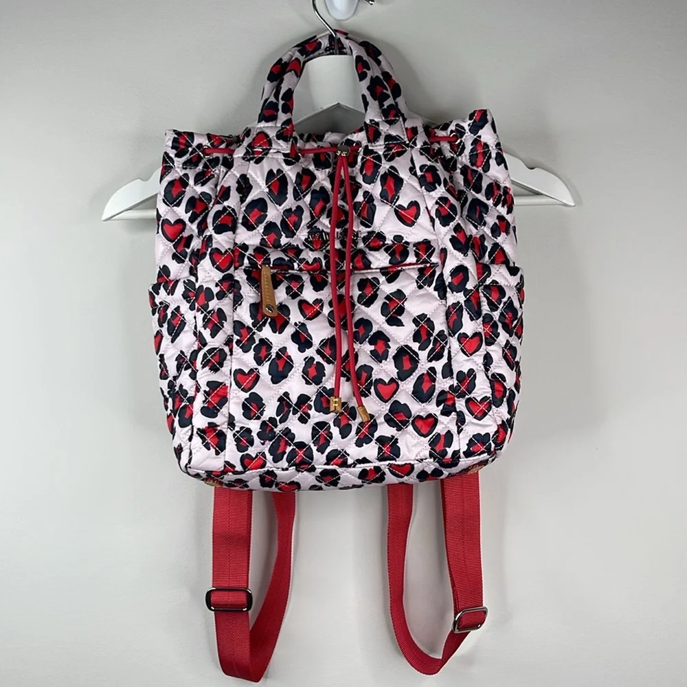MZ Wallace Small Metro Convertible Backpack Heart Leopard Print